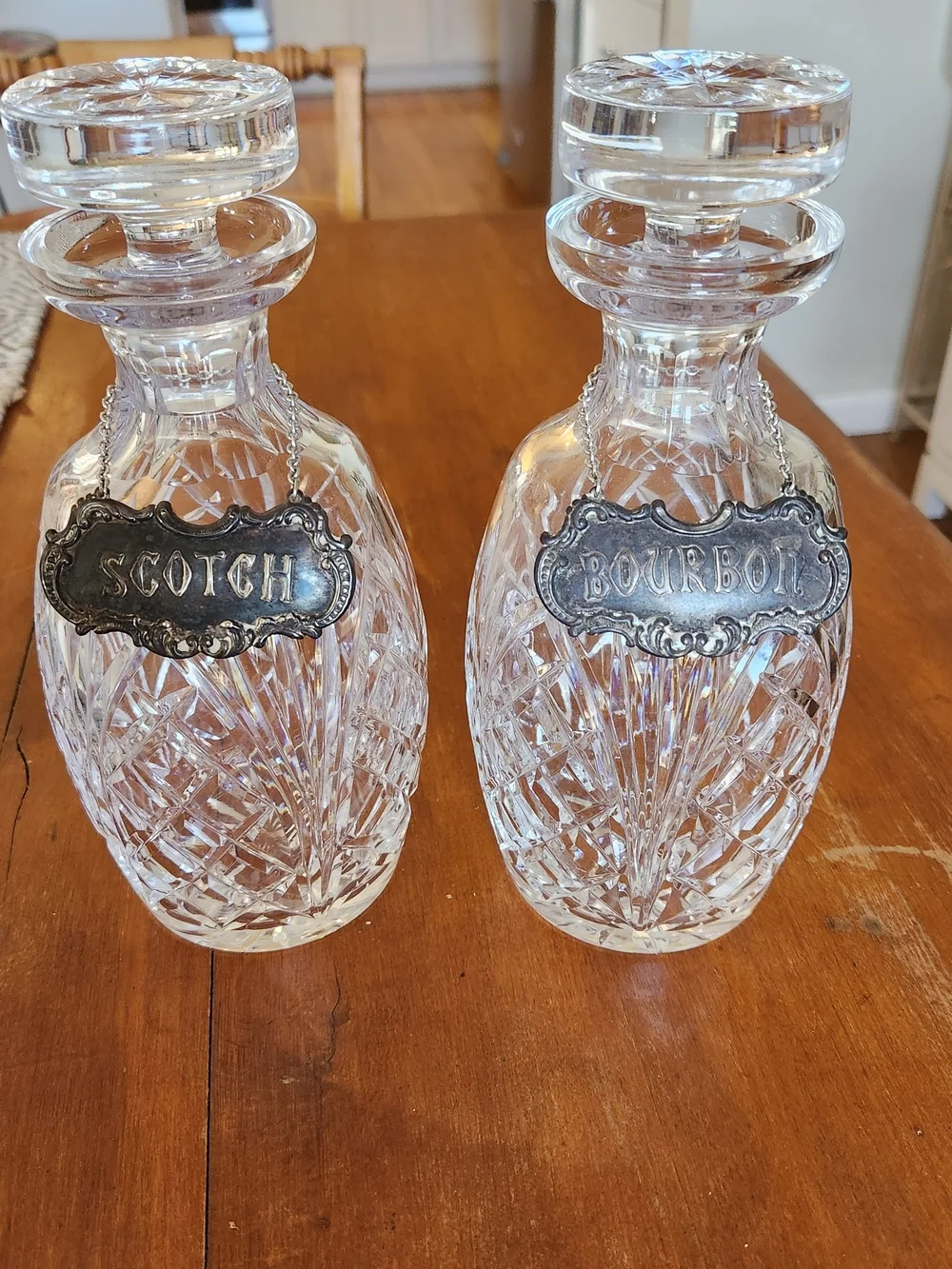 Waterford Crystal Vintage Decanter Set With Silver Plated Tags Bourbon Scotch